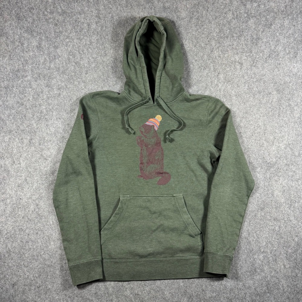 Marmot Hoodie Mens Small Green Marmot Beanie Graphic Fleece Pullover Sweatshirt*